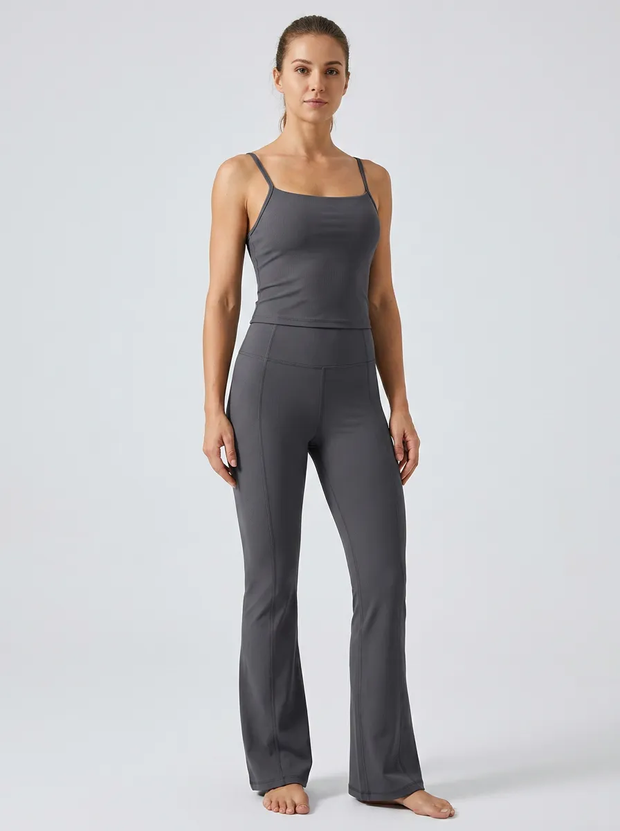 Women's Statement Ribbed Yoga Inspired Fitness Inspired Tank Top and Flare Pants Active Set