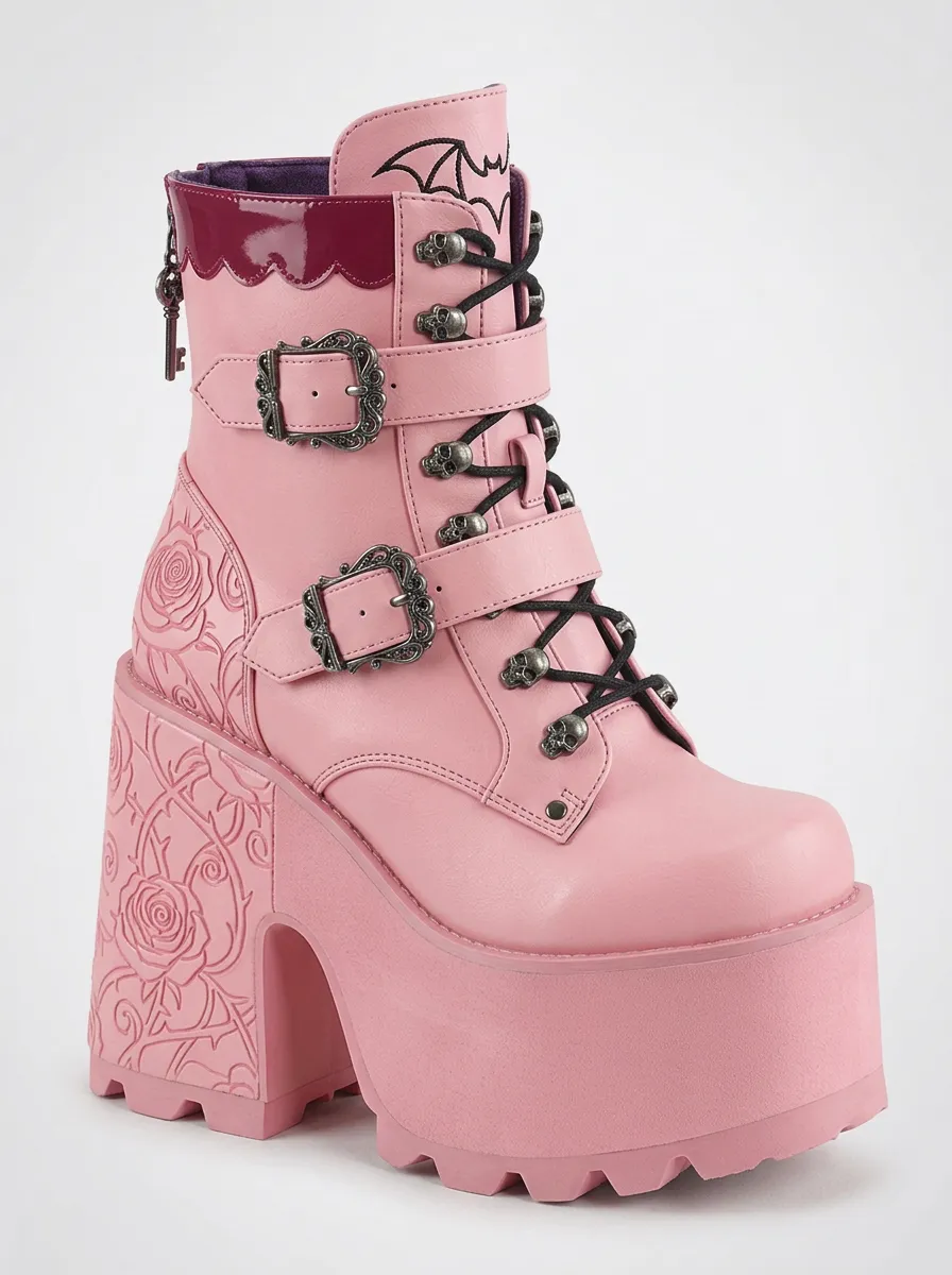 Dramatic Skull Rose Embossed Victorian Look Women's Gothic Platform Boots