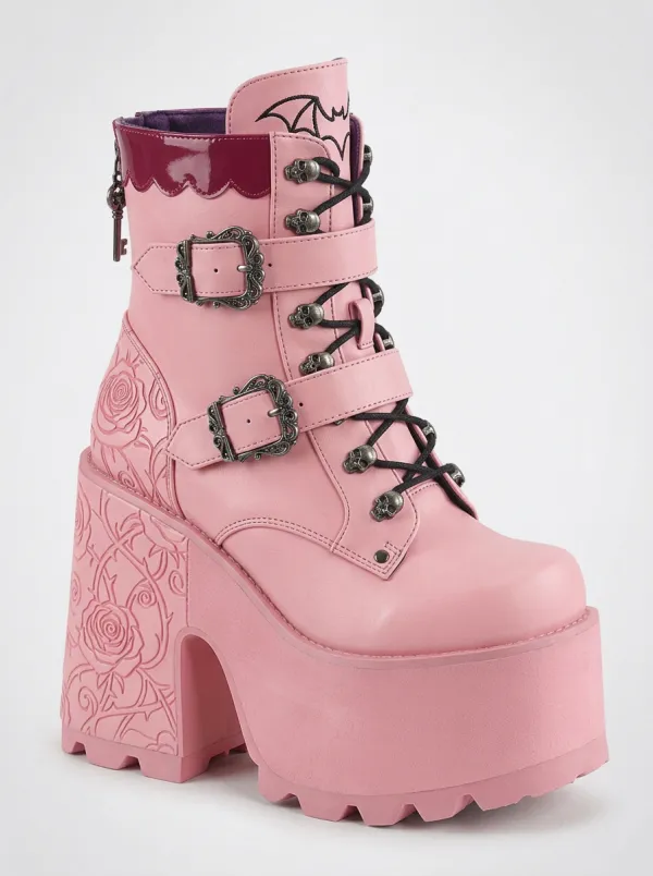 Dramatic Skull Rose Embossed Victorian Look Women's Gothic Platform Boots