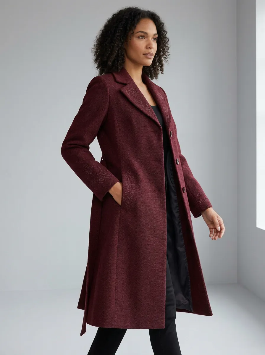 Women's Floral Embroidered Gray Herringbone Pattern Coat