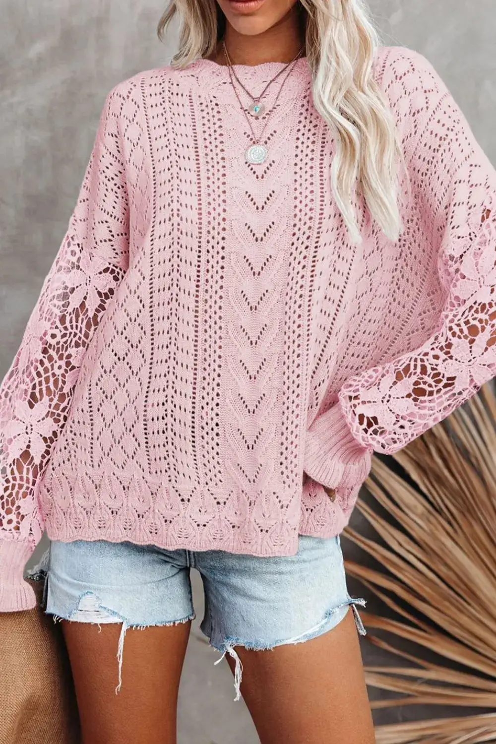 Long Sleeve Round Neck Openwork Sweater