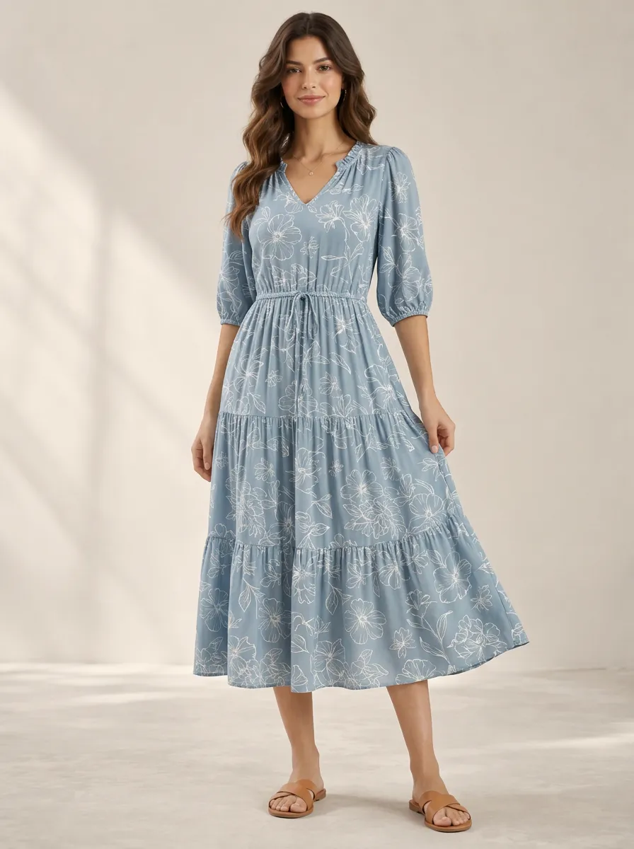 Women's Boho Inspired Weekend Floral Line Art Printed Dress