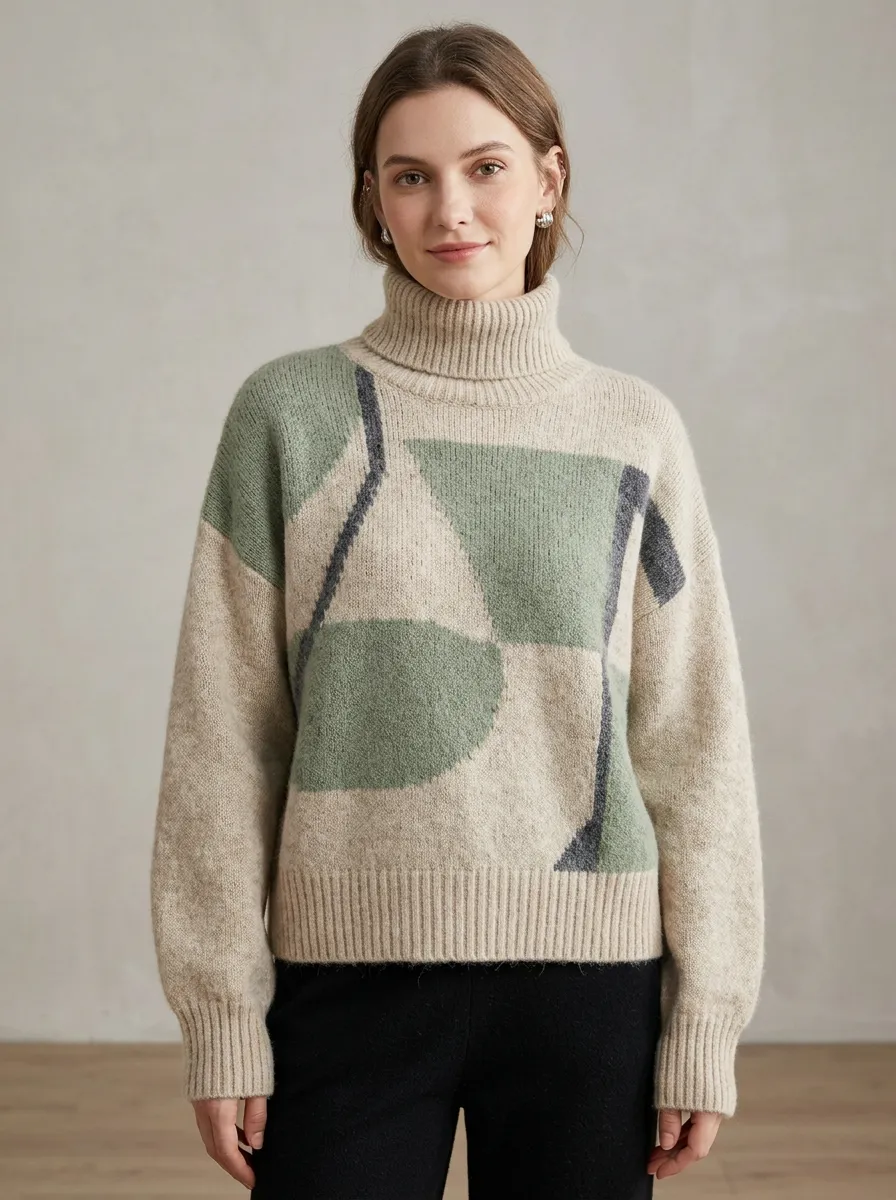 Women's Abstract Geometric Pattern Printed Turtleneck Sweater