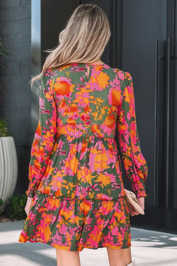 Women's Floral Print Long Sleeve Ruffled Mini Dress