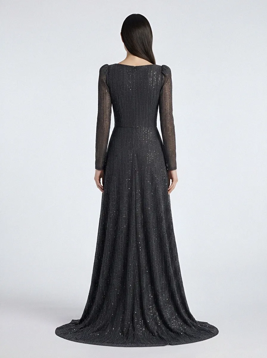 Women's Glittery Sequin Pleated Slit Evening Gown