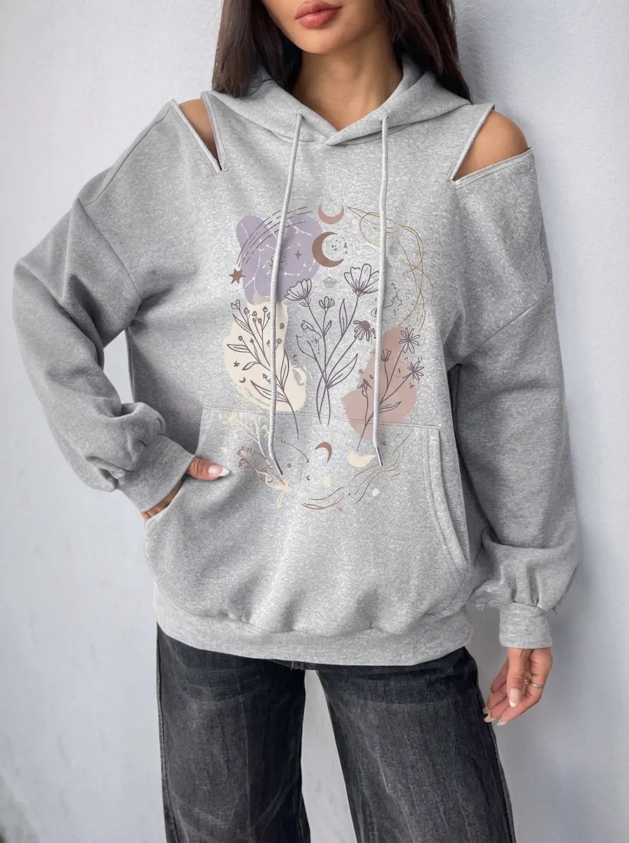 Women's Boho Celestial Floral Printed Cold Shoulder Hoodie