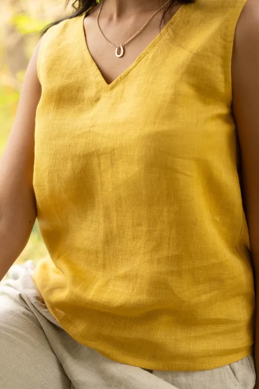 Mustard Linen V-Neck Tank