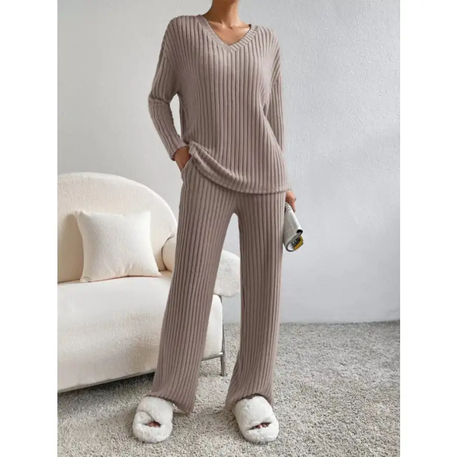 Classic Ribbed Knit Long Sleeve Top and Pants Set