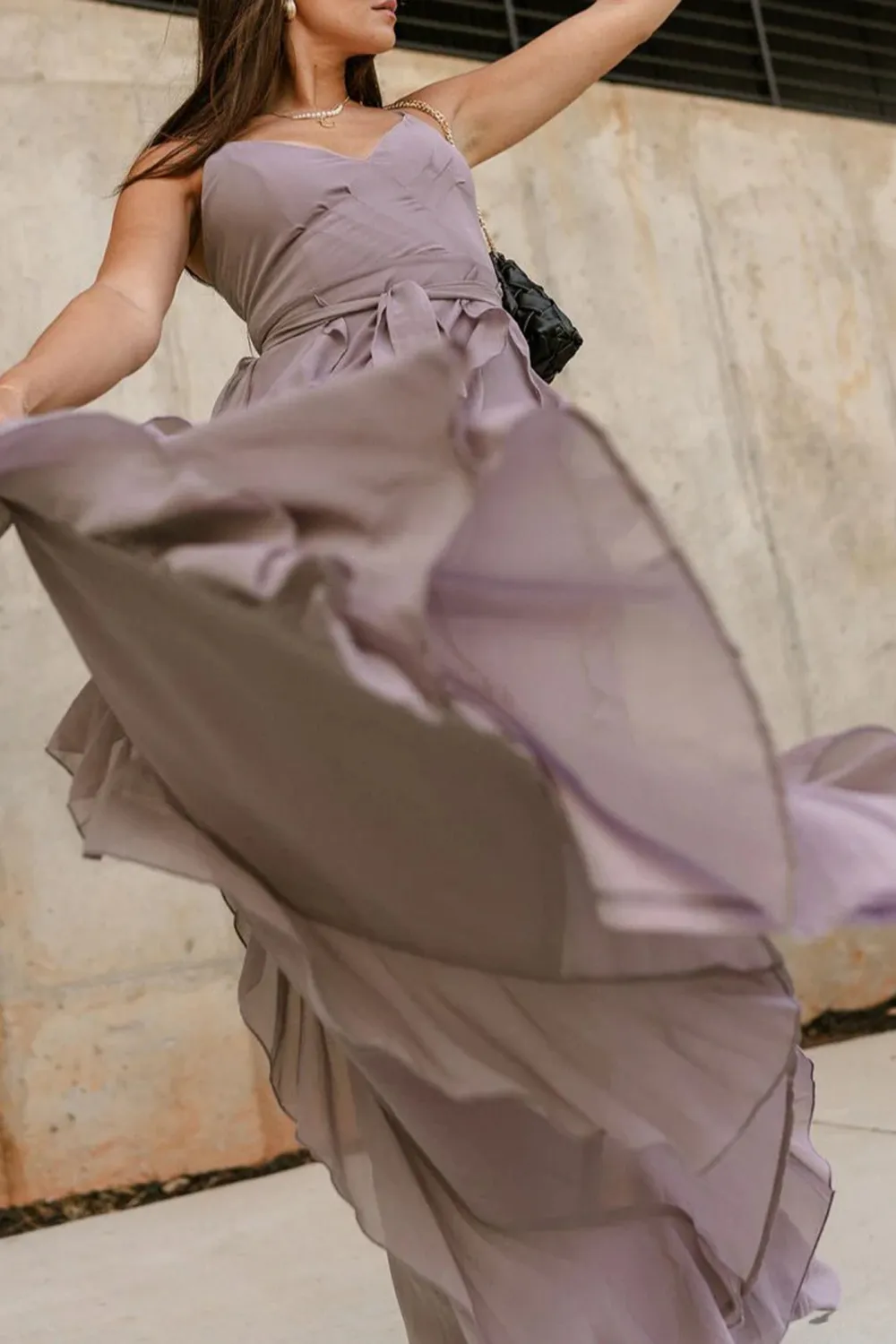 Ruffle Detail Tied Waist Maxi Dress