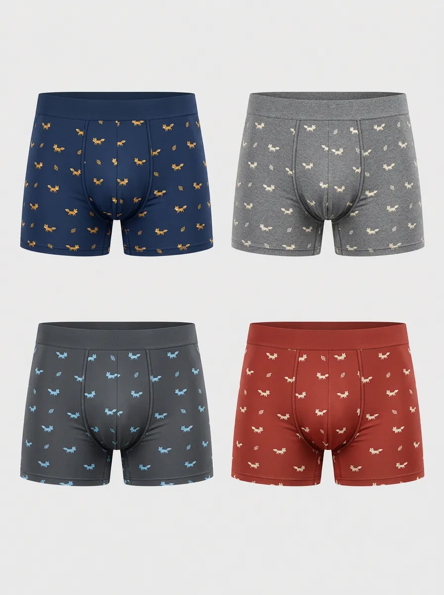 Men's Animal Fox Pattern Printed Boxer Briefs 4-Pack