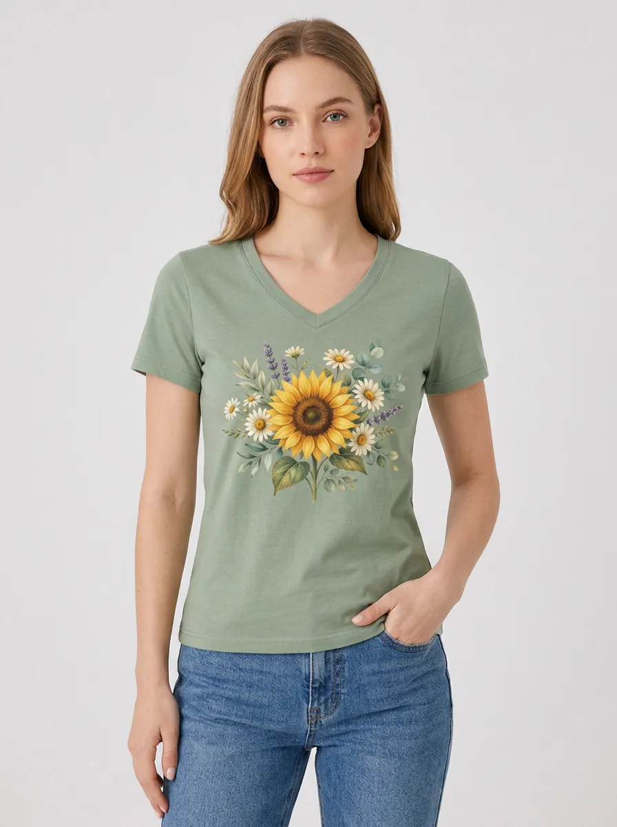 Women's Floral Graphic V-Neck T-Shirt Botanical-Graphic