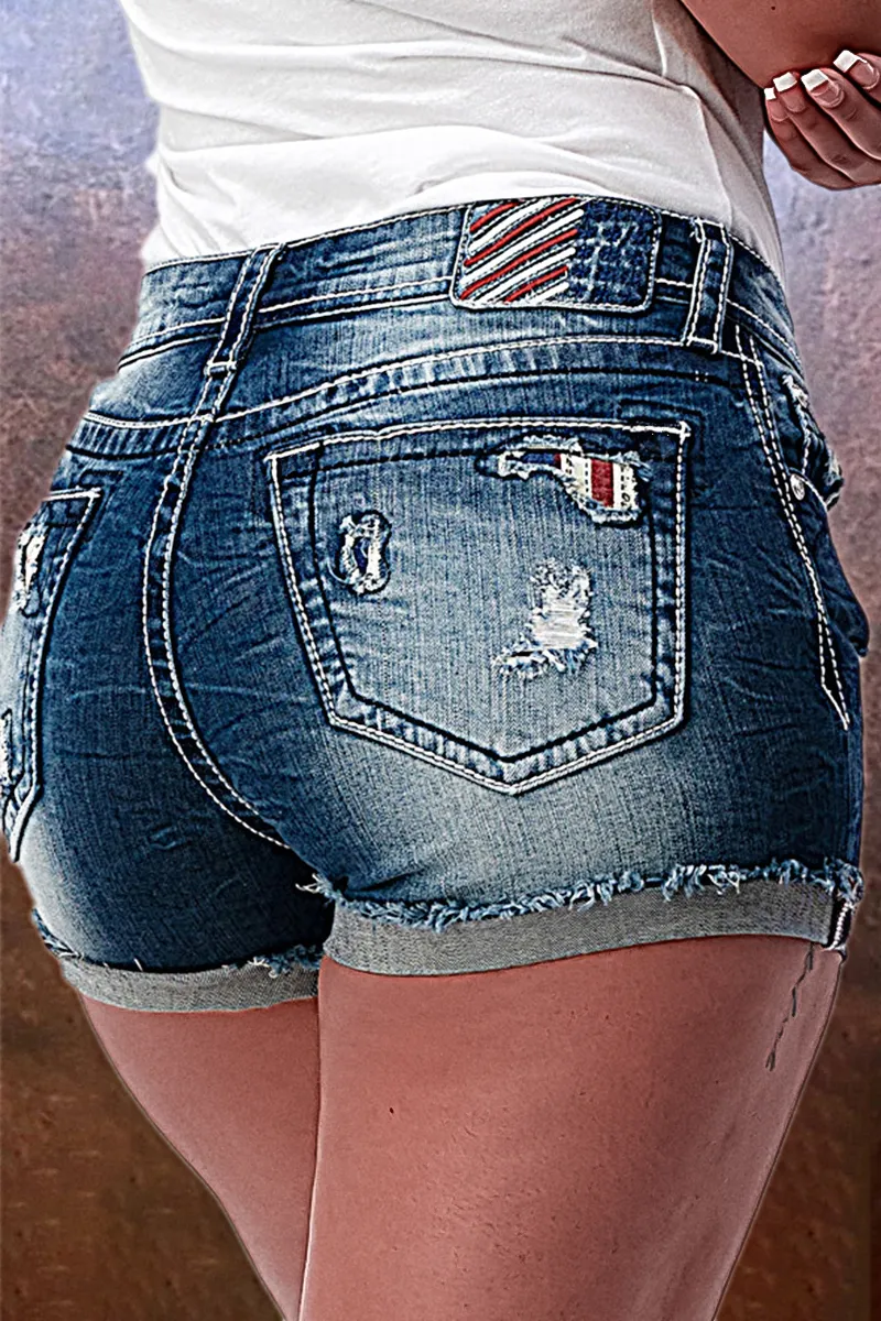 American Flag Patched Ripped Roll Hem Denim Shorts