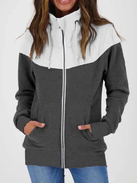 Women Long Sleeve Turtle Neck Cardigan Zipper Stitching Sweatshirts Tops
