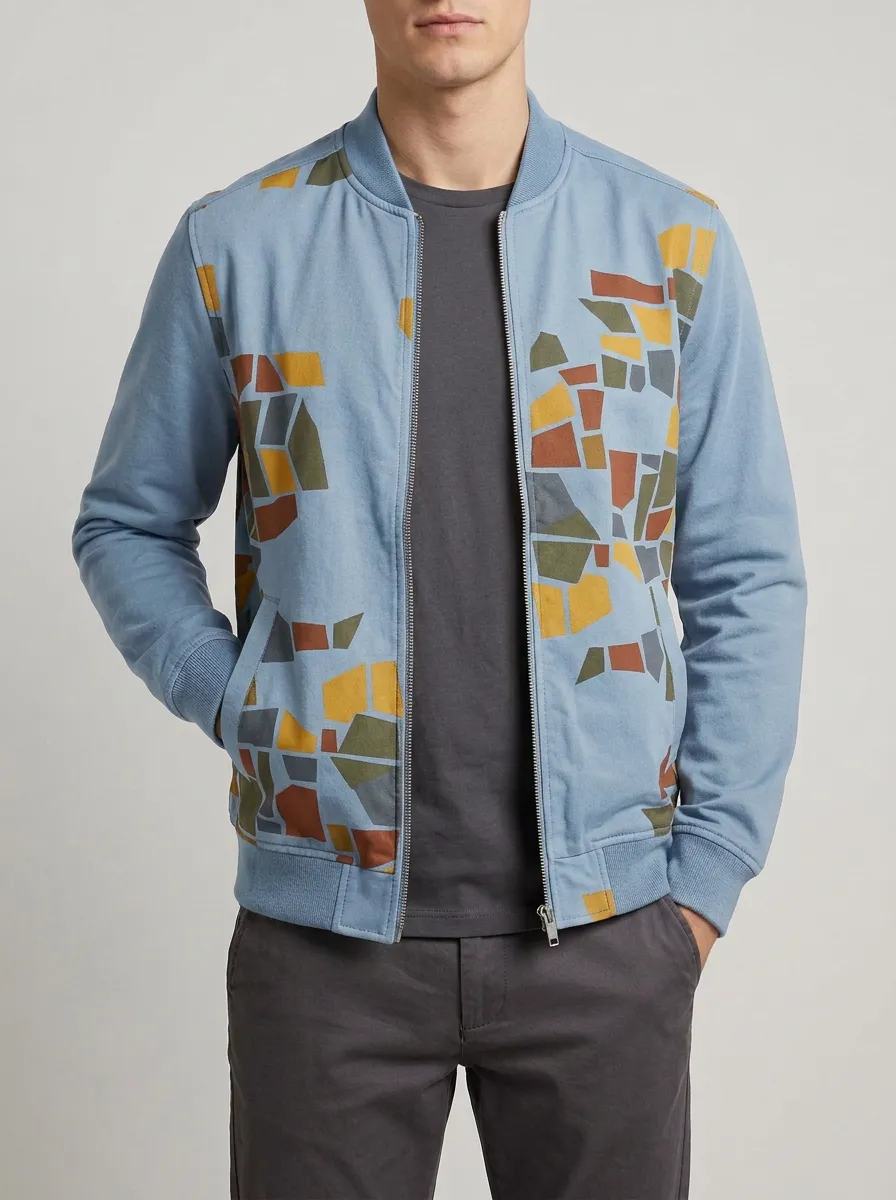 Mosaic Print Ribbed Trim Bomber Jacket