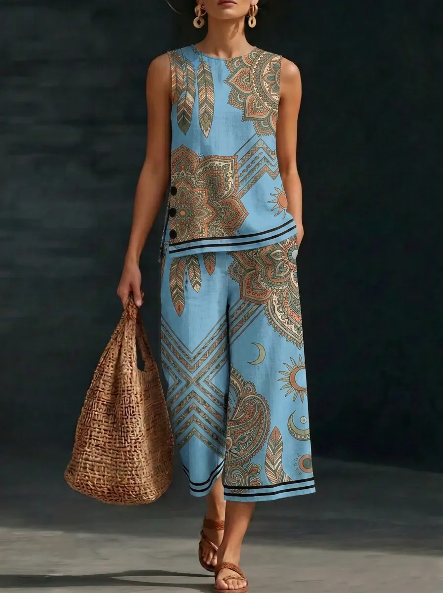 Women's Bohemian Mandala Sun Moon Printed Sleeveless Set