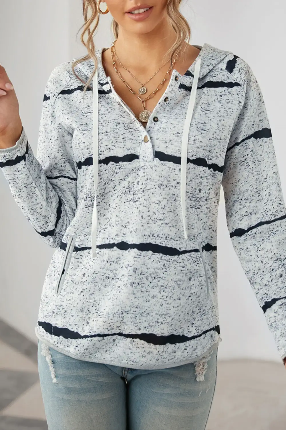 Tie Dye Stripe Button Drawstring Hoodie