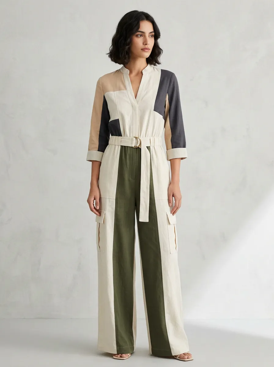 Women's Marin Patchwork Colorblock Belted Cargo Jumpsuit