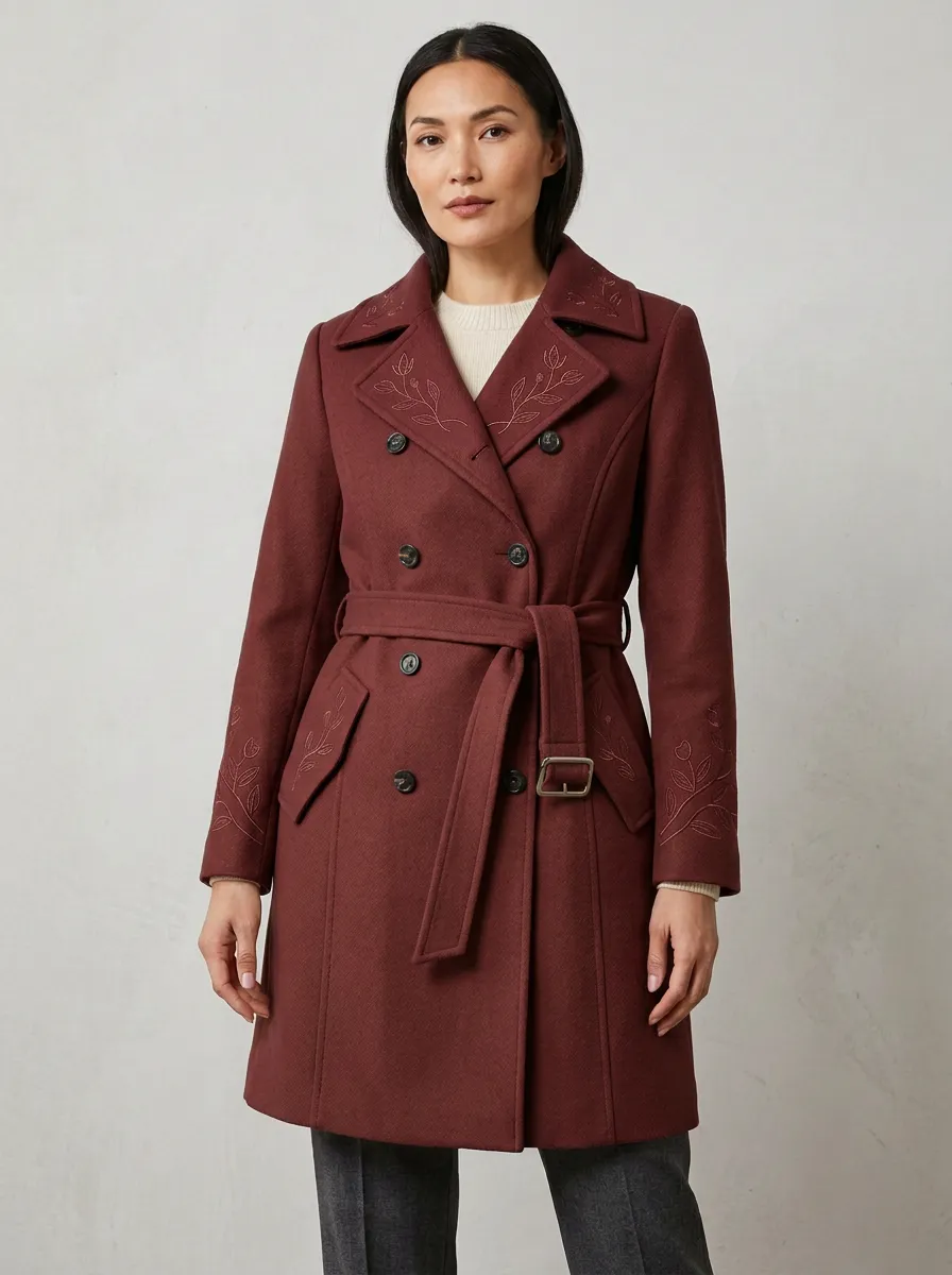Women's Floral Embroidered Camel Trench Coat