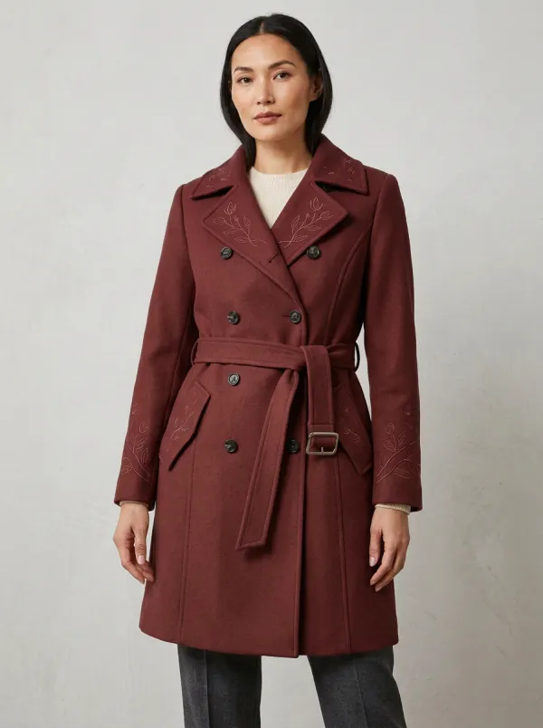 Women's Floral Embroidered Camel Trench Coat