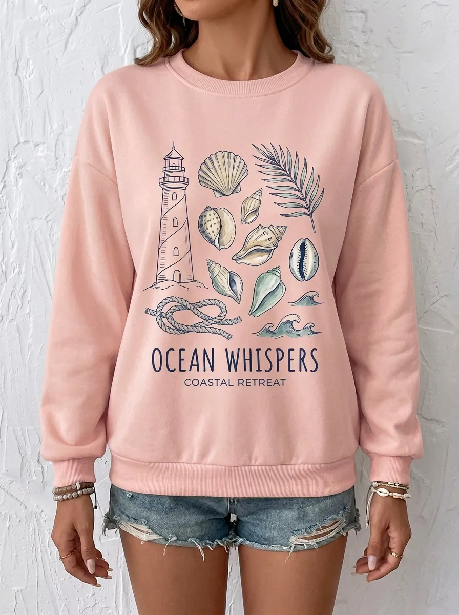 Women's Coastal Ocean Lighthouse Seashell Graphic Sweatshirt