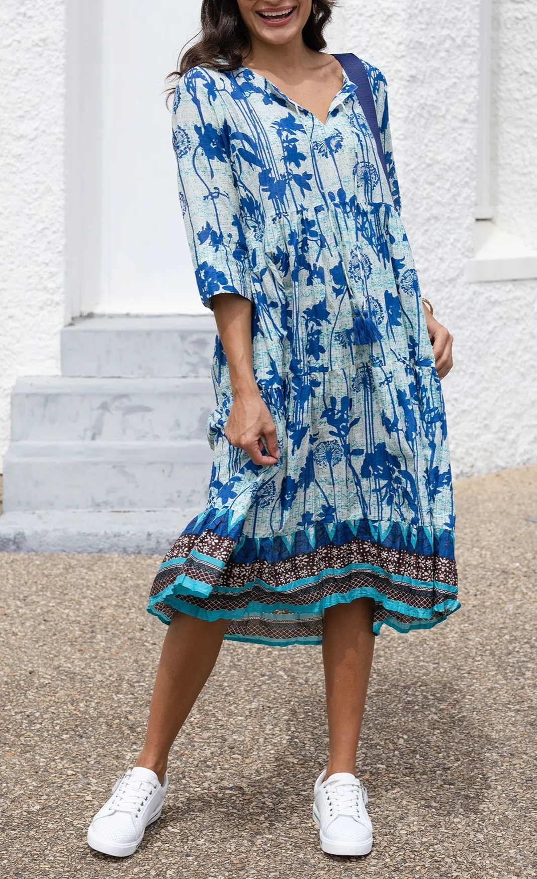 Round-Neck Floral Knee-Length Tiered Cotton Three-Quarter-Sleeve A-Line Dress
