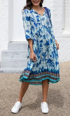 Round-Neck Floral Knee-Length Tiered Cotton Three-Quarter-Sleeve A-Line Dress
