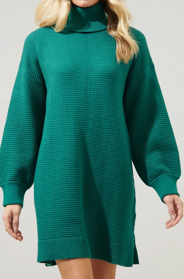 Emerald Waffle Turtleneck Sweater Dress
