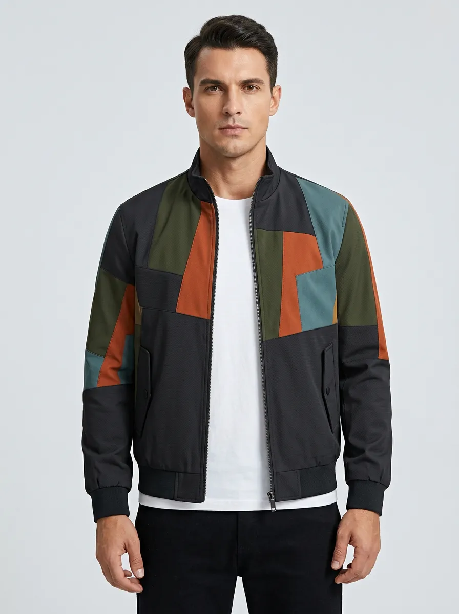 Patchwork Print Stand Collar Bomber Jacket