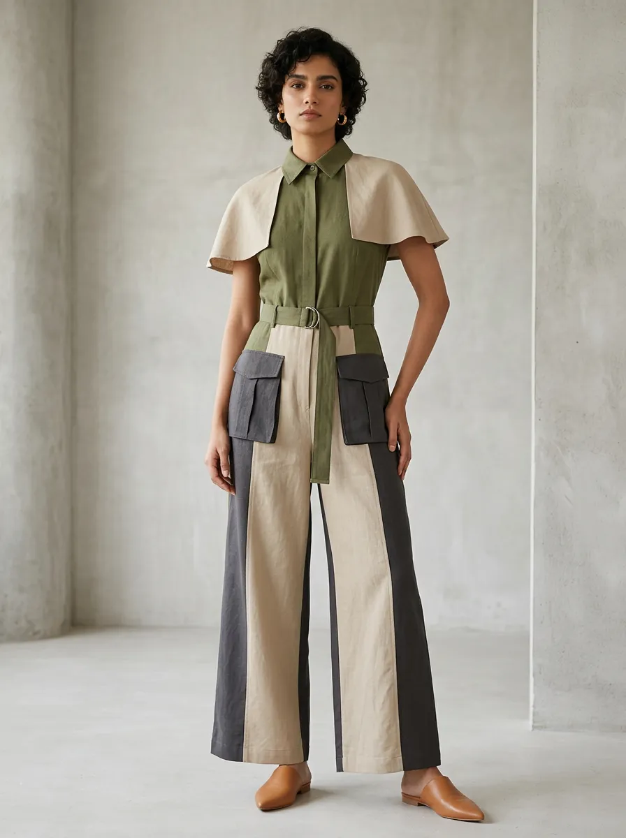 Women's Colorblock Utility Cape-Sleeve Belted Jumpsuit