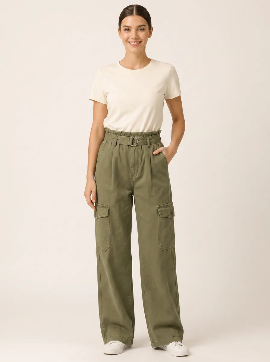 Women's Casual Streetwear Olive Cargo Pants T-shirt Two-piece Set