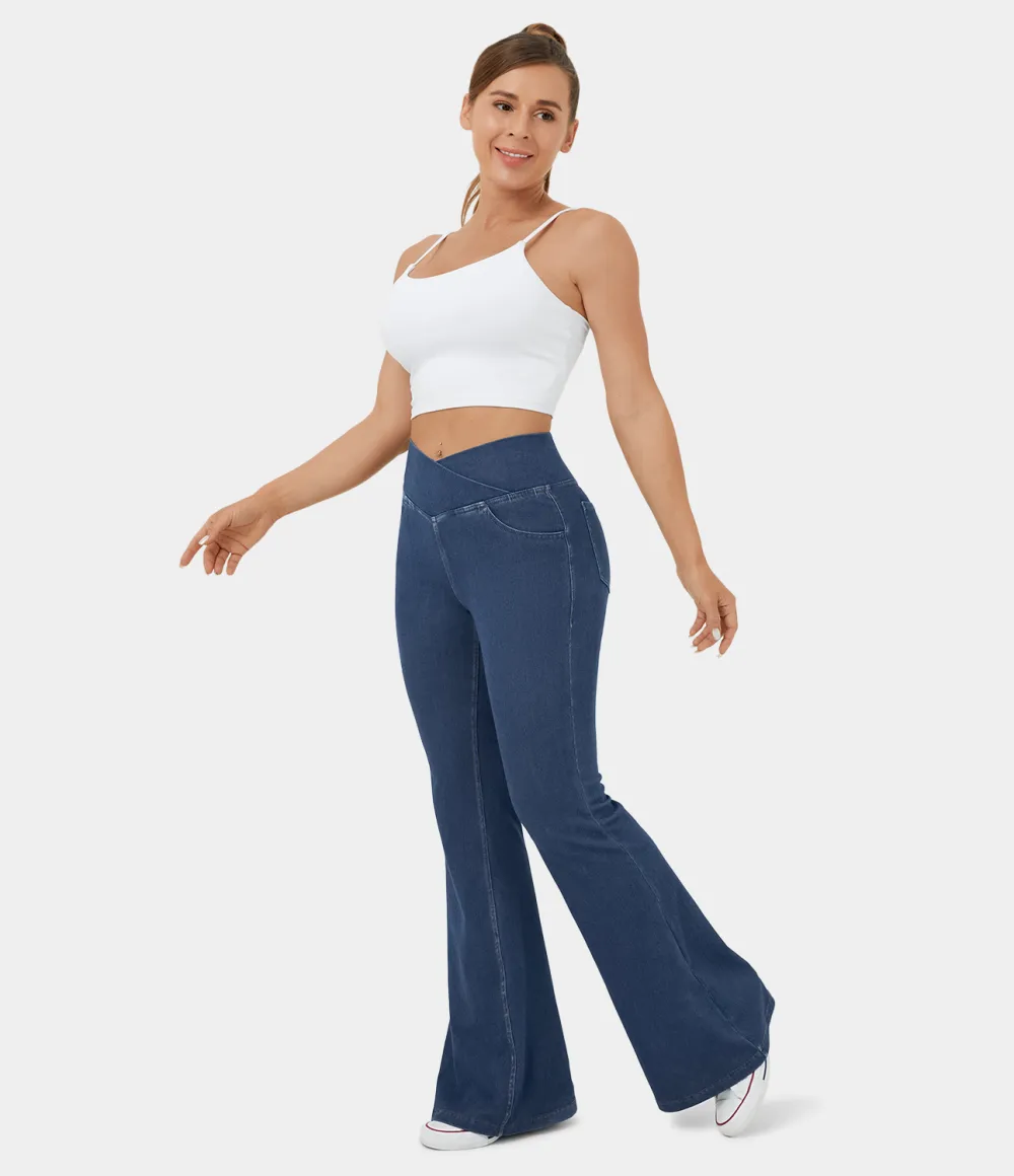 Magic High Waisted Crossover Pocket Cool Touch Washed Stretchy Knit Casual Super Flare Jeans