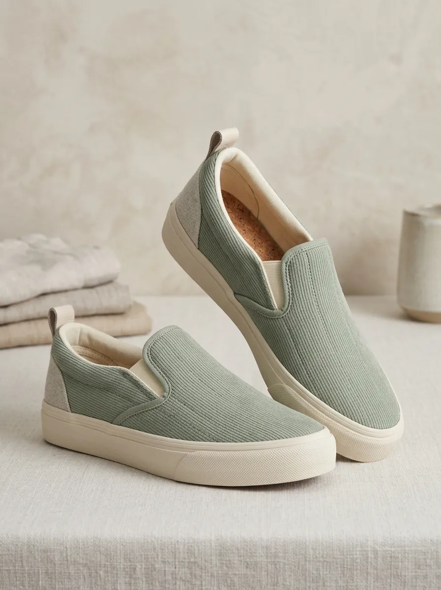 Women's Sage Green Corduroy Textured Slip-on Printed Shoes