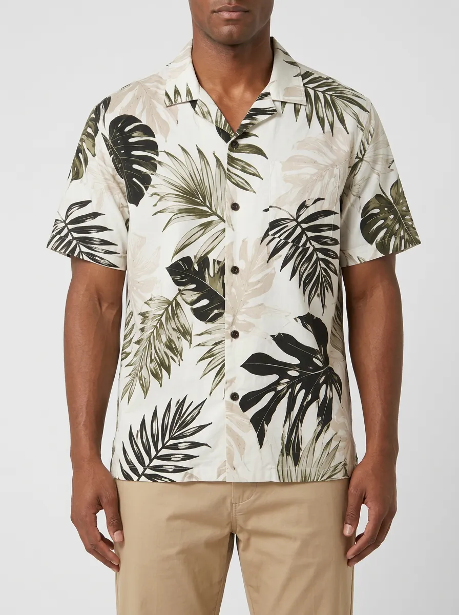 Men's Tropical Leaf Print Camp Collar Shirt with Full-length button placket with -toned buttons