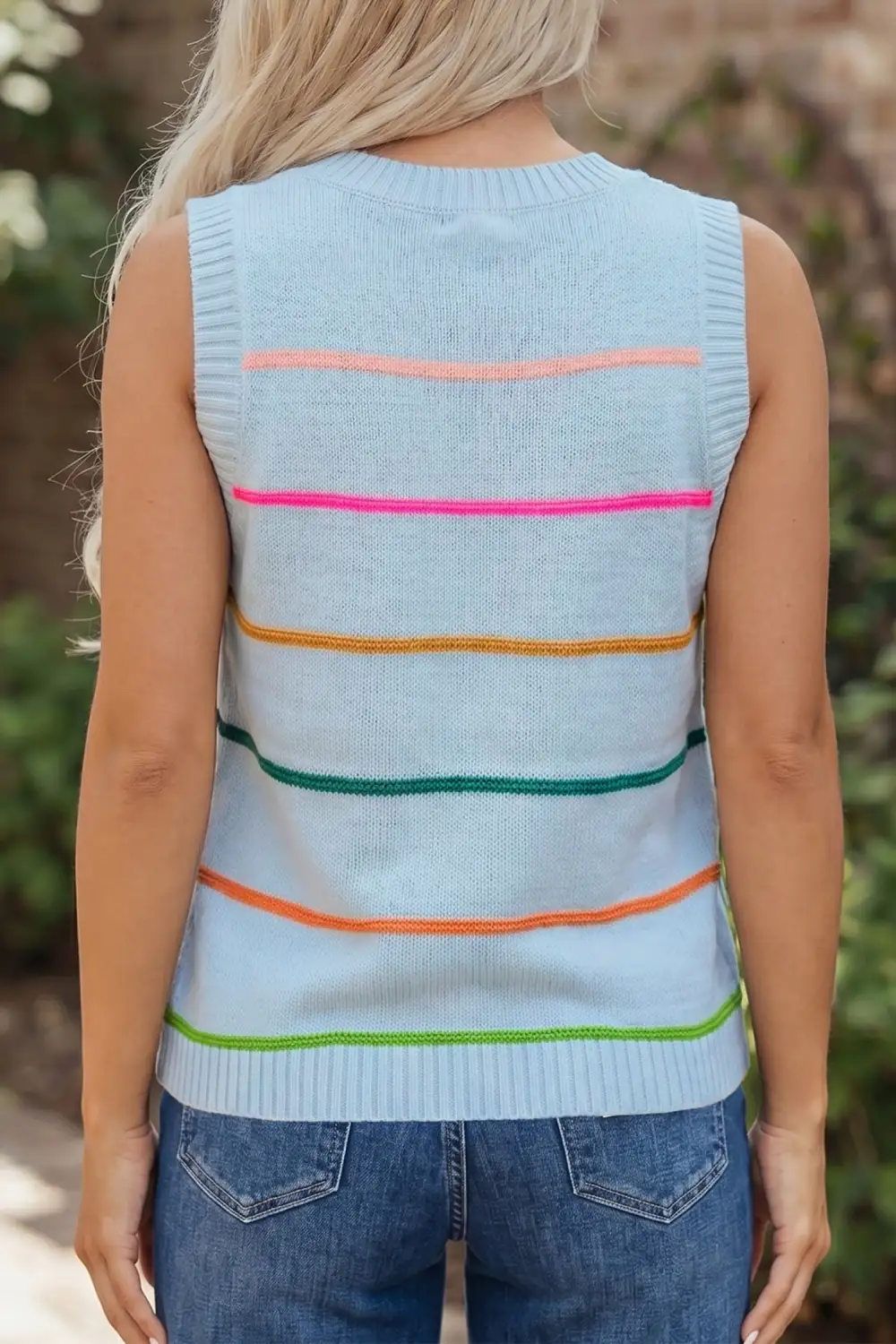 Refined Round-Neck Ribbed Knit Striped Tank Top