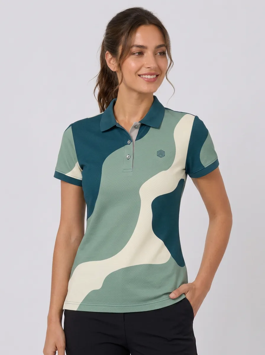 Women's Abstract Colorblock Green Printed Polo Shirt