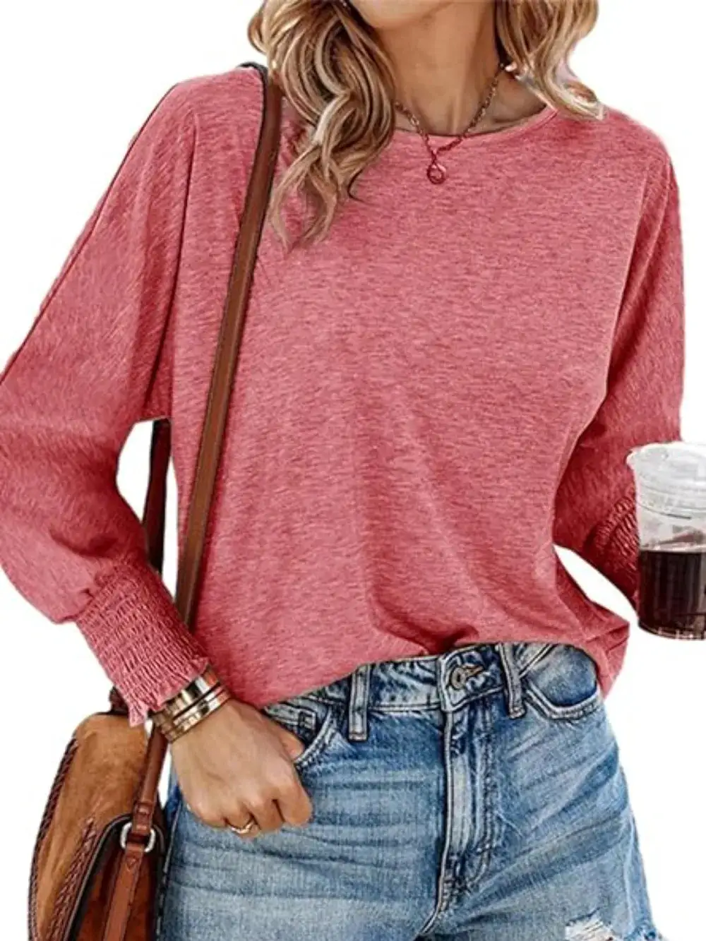 Round Neck Smocked Lantern Sleeve T-Shirt