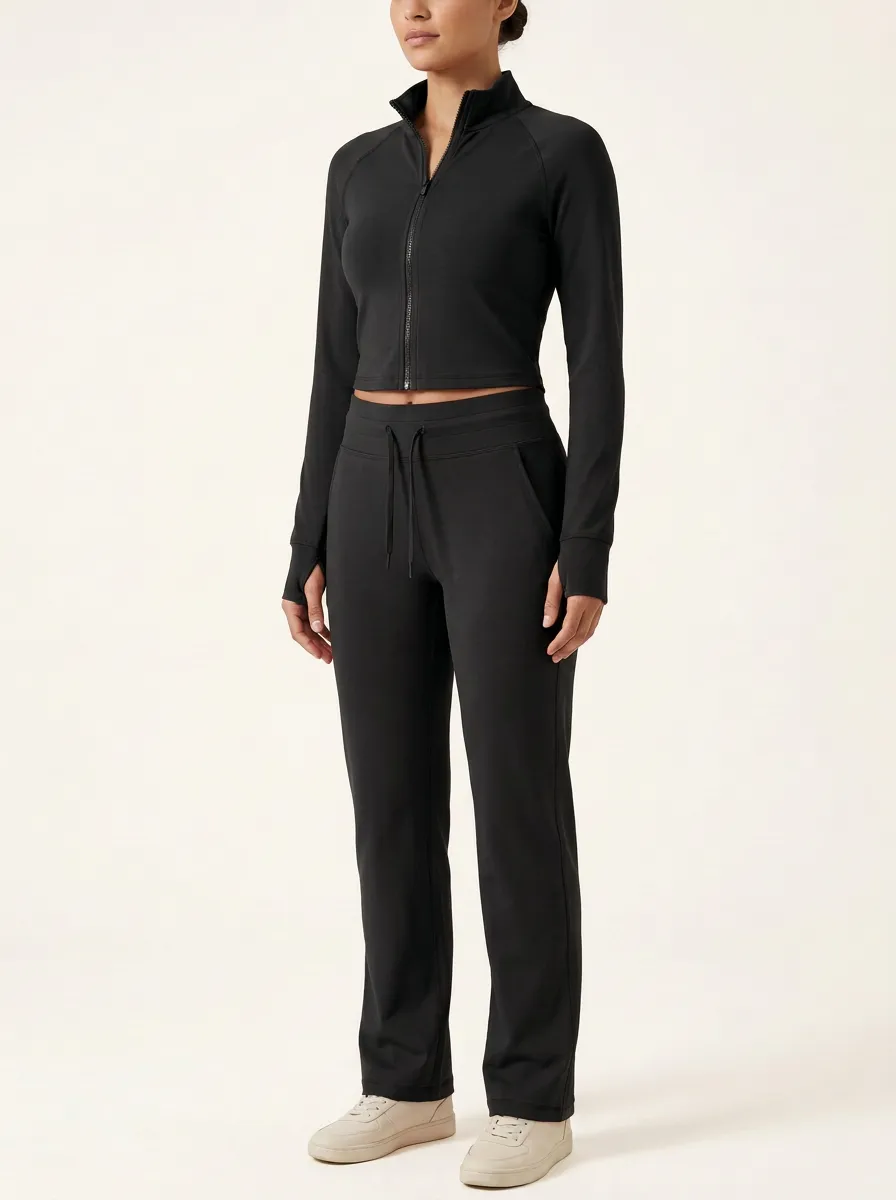 Women's Stand-Collar Zip-Up Cropped Jacket and Straight-Leg Pant Set