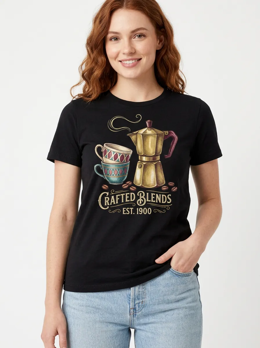 Women's Coffee Lover Moka Pot Cups Crafted Blends Printed T-shirt