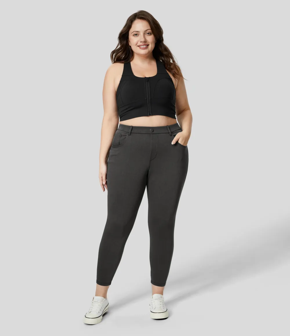 Magic High Waisted Multiple Pockets Stretchy Knit Denim Work 7/8 Plus Size Leggings