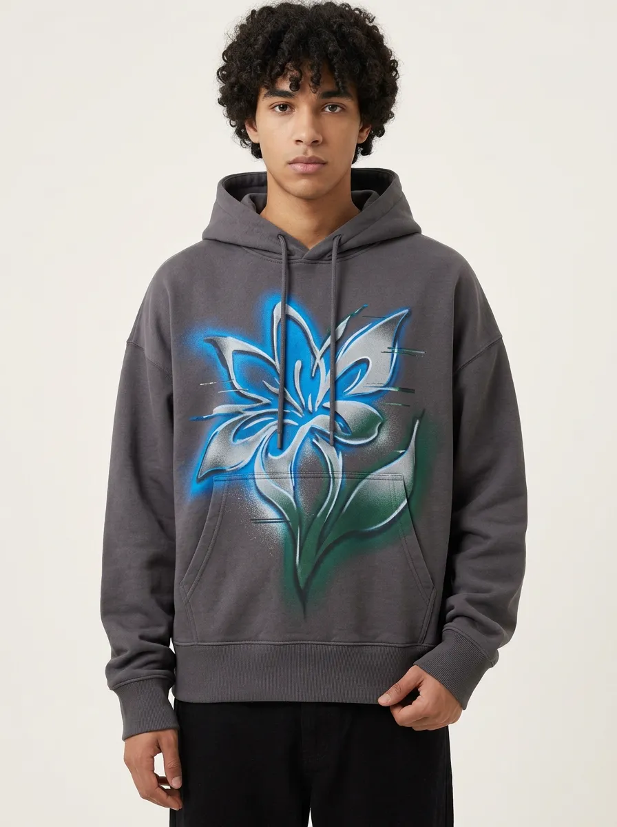 Unisex Streetwear Blue Floral Airbrush Hoodie