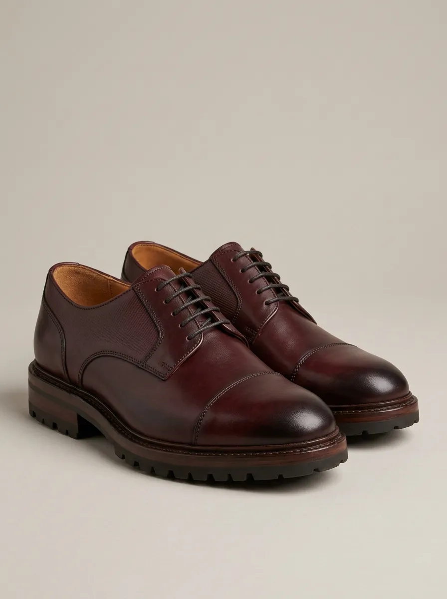 Men's Business Formal Burgundy Leather Cap Toe Lug Sole Oxford Shoes