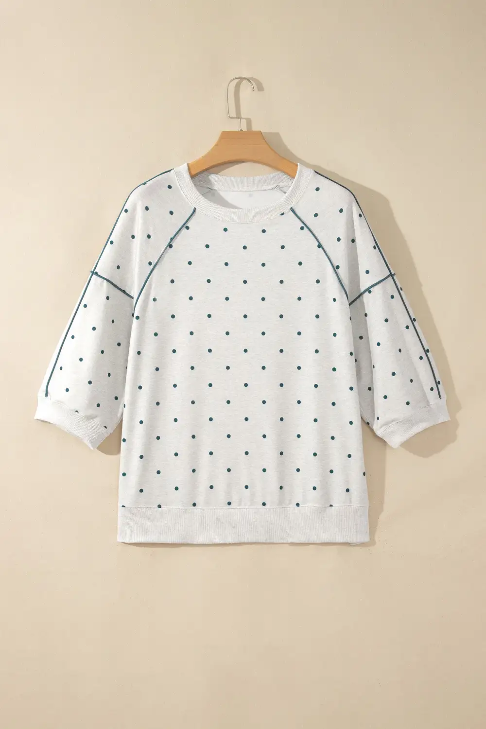 Polka Dot Round Neck Contrast Trim Relaxed Three Quarter Sleeve Top