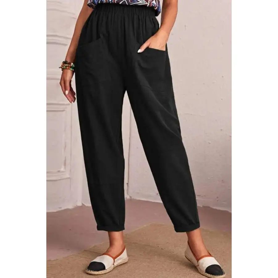 Elastic Waist Pocket Tapered Pants
