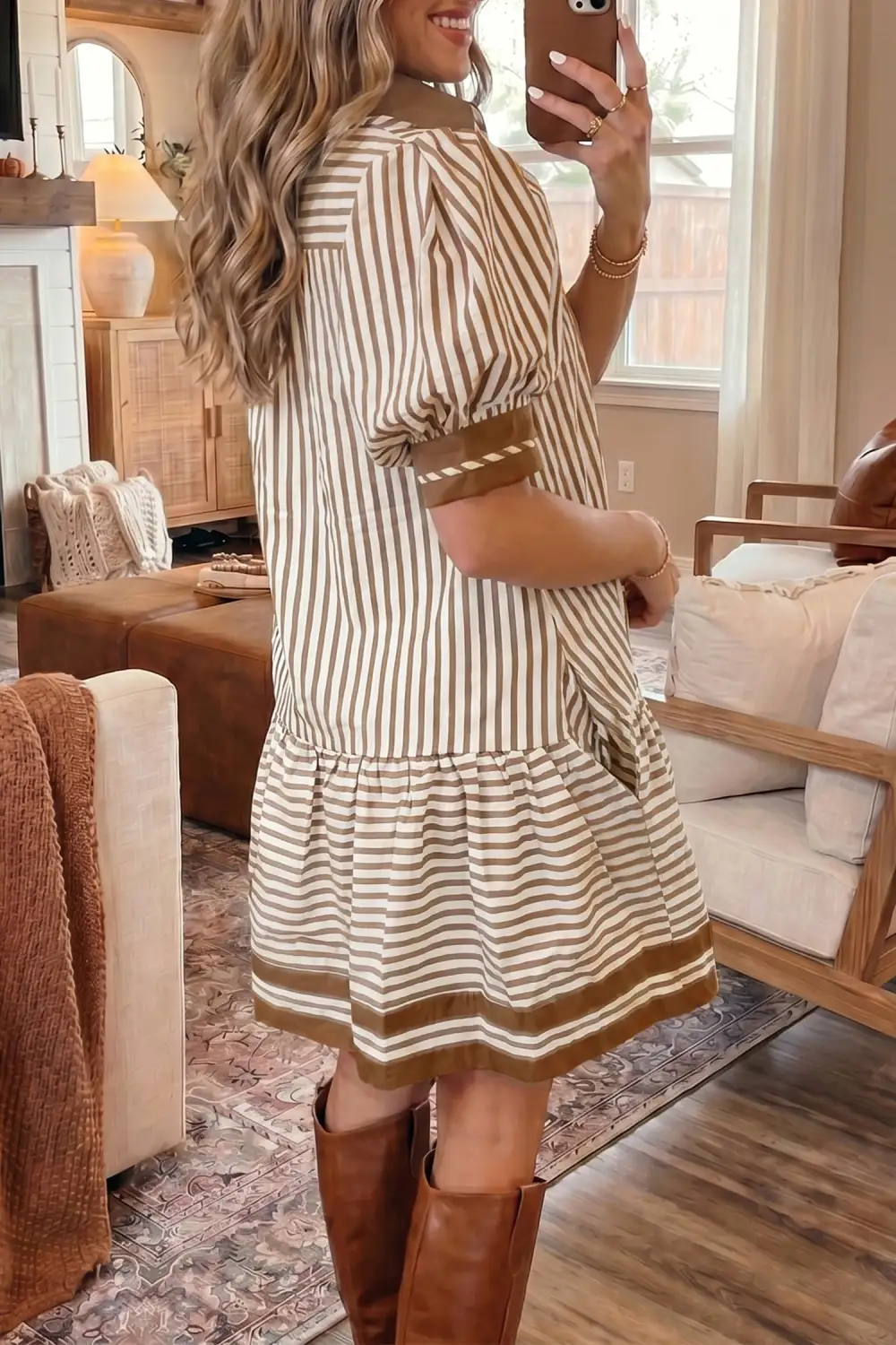 Striped Ruffle Trim Mixed Panel Mini Dress