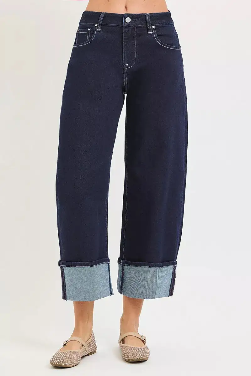 Cuffed Hem Barrel Leg Jeans