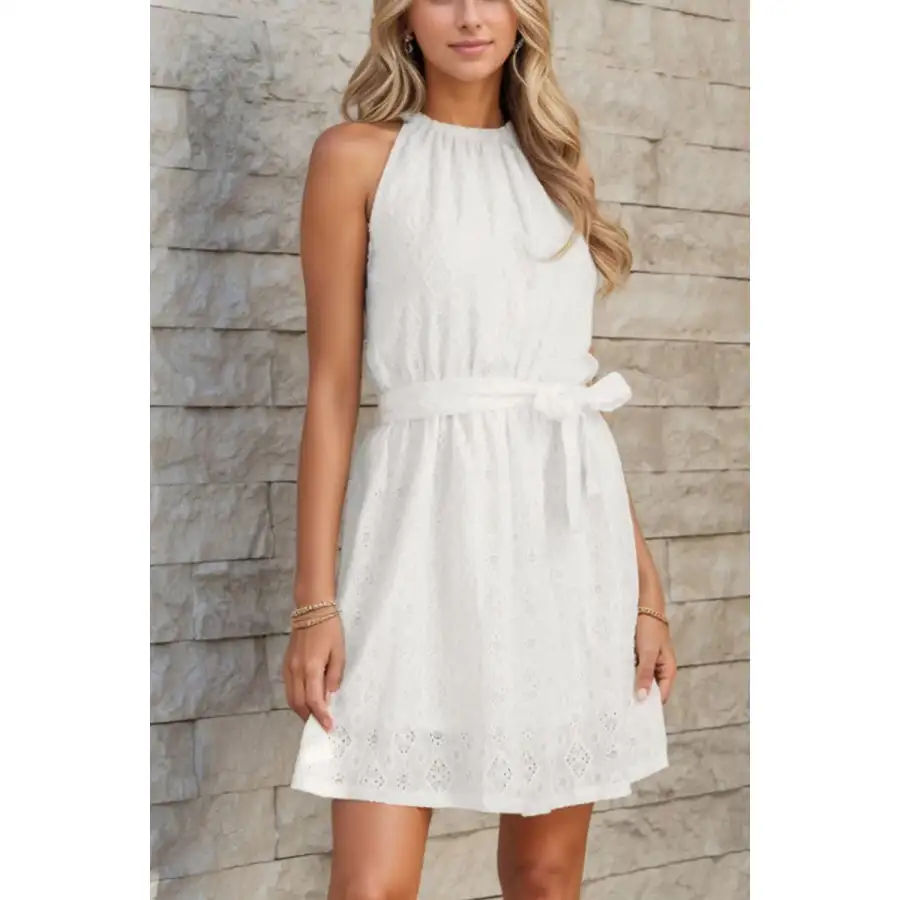 Lace Sleeveless Tied Waist Mini Dress