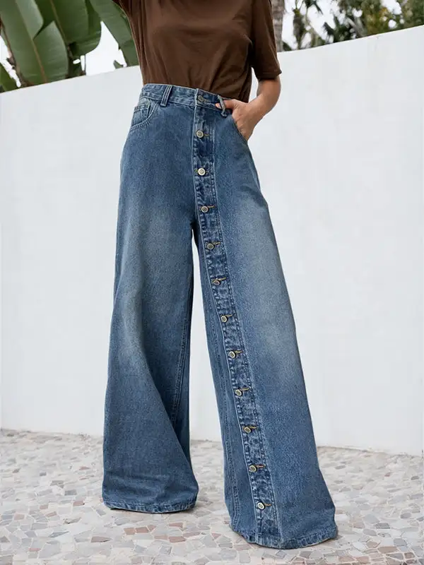 High Waist Relaxed Fit Wide Leg Button Detail Pocket Jeans