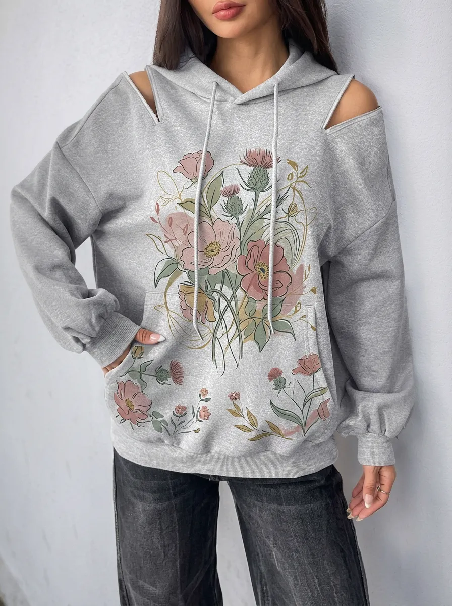 Women's Floral Botanical Art Cold Shoulder Printed Hoodie