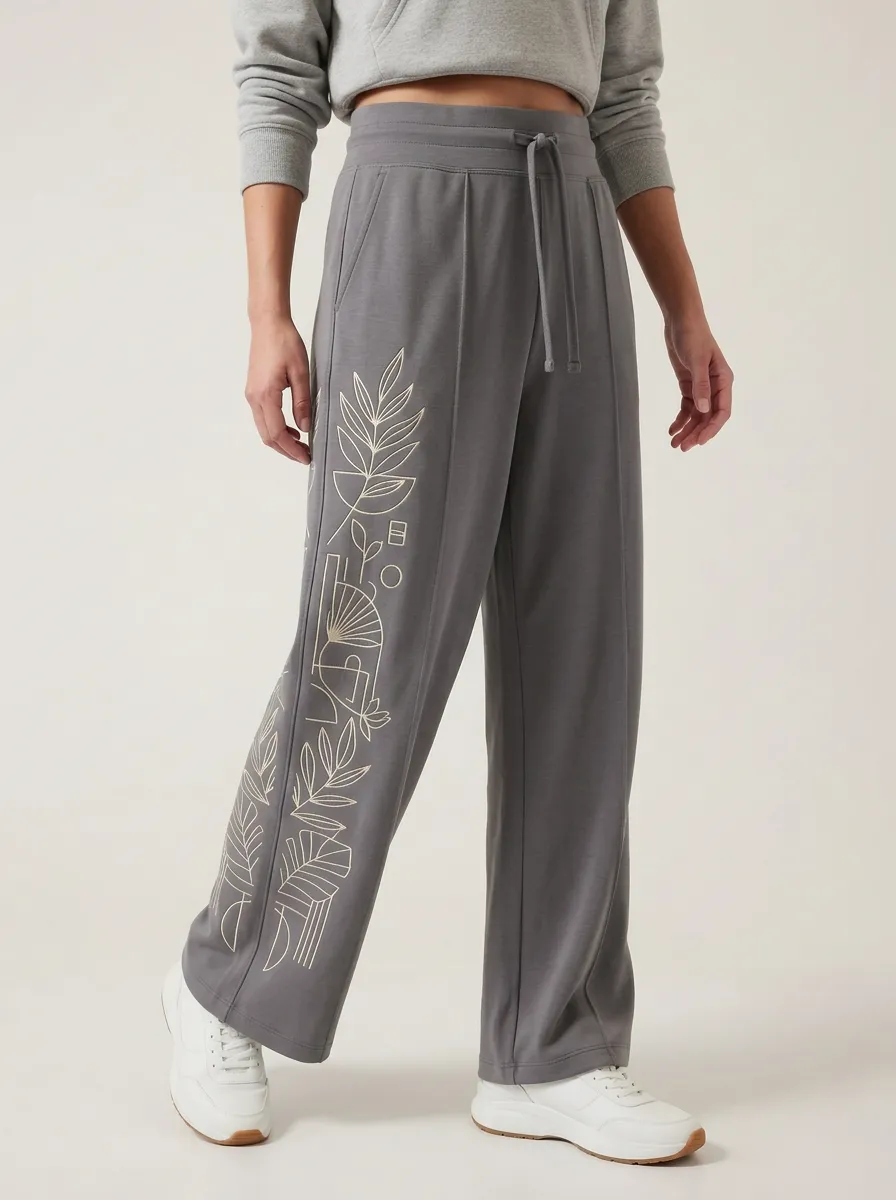 Women's Minimalist Botanical Line Art Graphic Wide Leg Pants