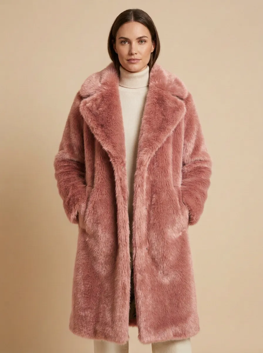 Side Pockets Faux Fur Long Coat